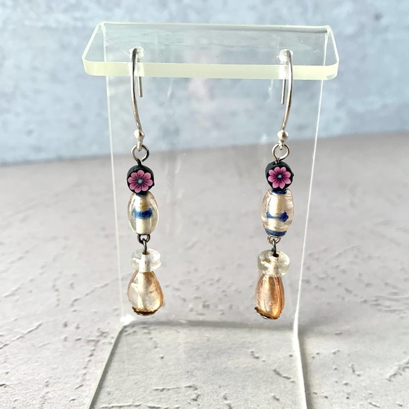 Flower and Droplets - India Glass and Argentium Sterling Silver Earrings - Picture 2 of 4